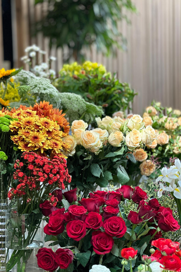 Buckets of fresh red and cream roses, chrysanthemums and kalanchoe on display at Exotica Verdun